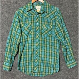 Wrangler Wrancher Pearl Snap Long‎ Sleeve Shirt Men's M Medium Green Blue